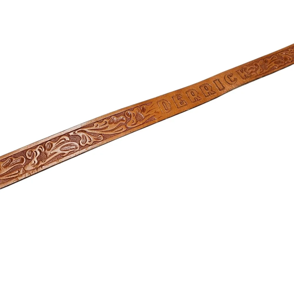 Vintage Leather Belt Tooled Floral Personalized DERRICK Western Style‎ Tan 28